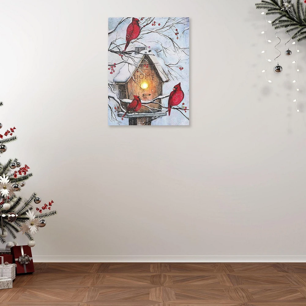 Christmas Led Canvas Wall Art Cardinal With Birdhouse 12X16