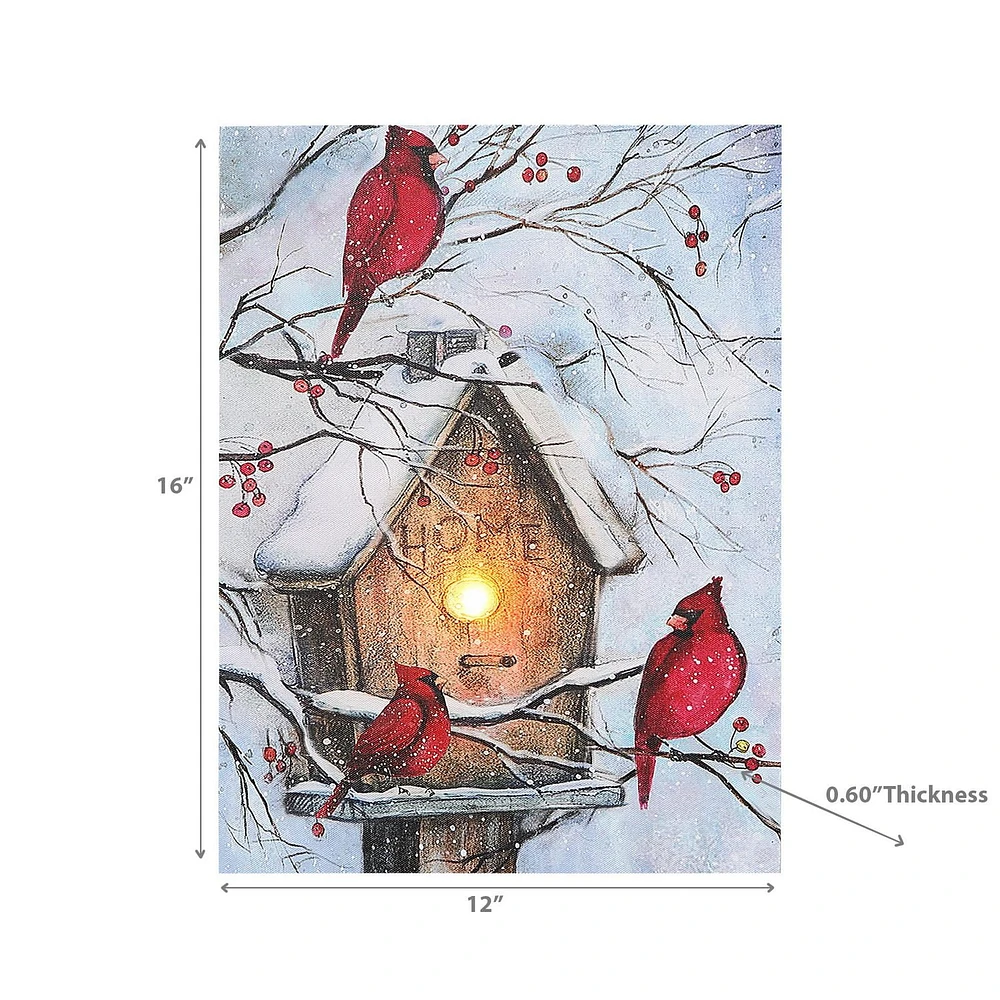 Christmas Led Canvas Wall Art Cardinal With Birdhouse 12X16