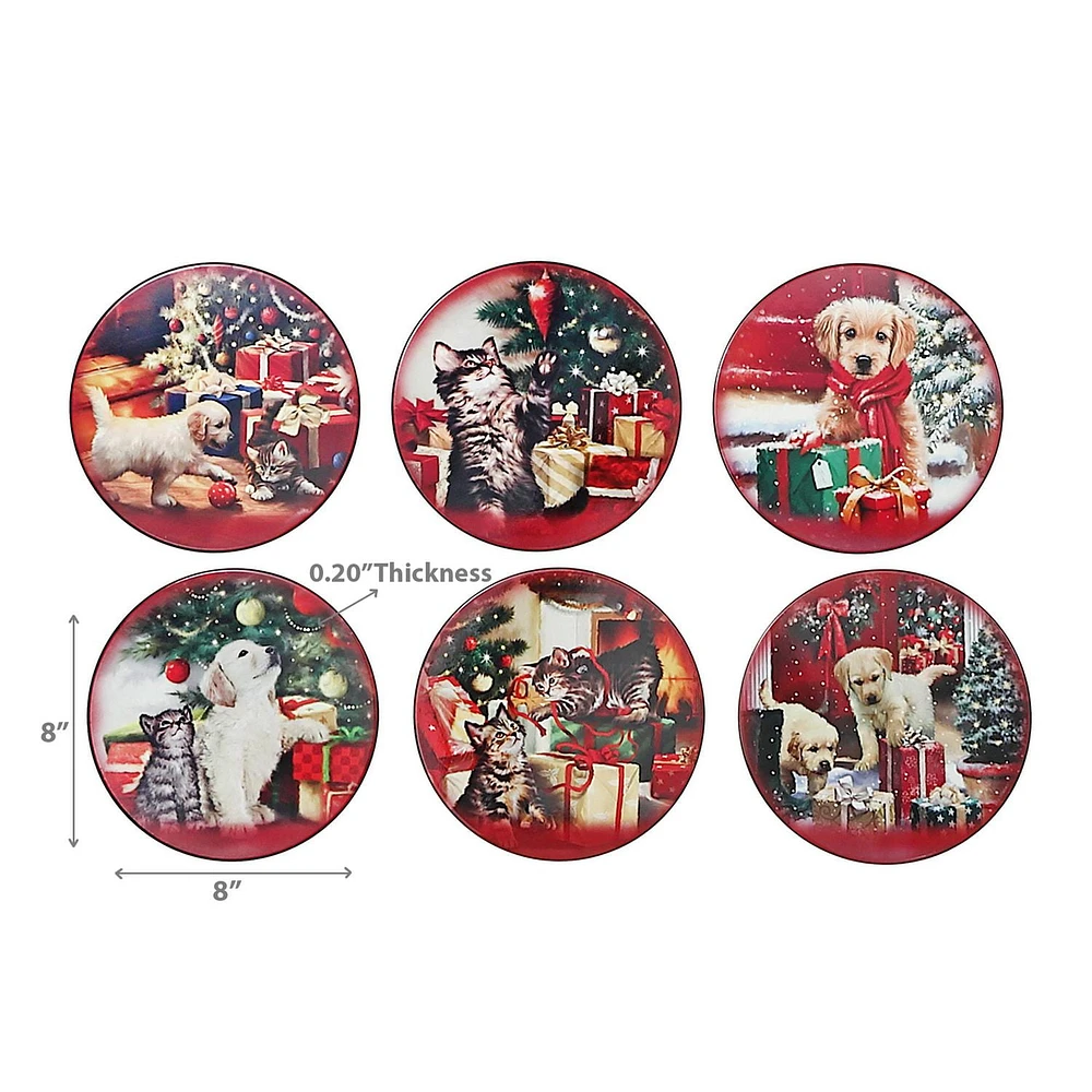 Christmas 8" Round Ceramic Trivet Pets With Gifts  - Set of 6