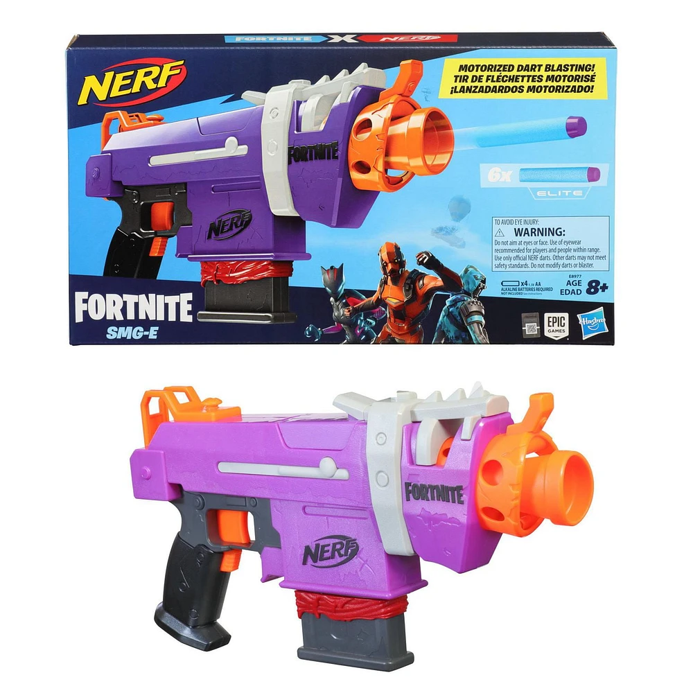 Blaster motorisé Fortnite SMG-E Nerf Elite avec chargeur, 6 fléchettes Nerf Elite Fortnite officielles