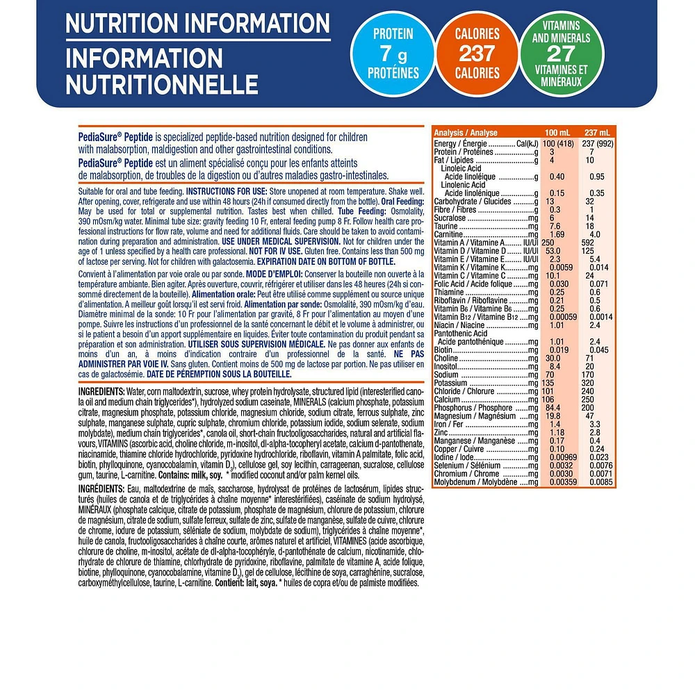 PediaSure® Peptide 1 Cal, Formulated Liquid Diet, Vanilla, 24 count, 5688 mL