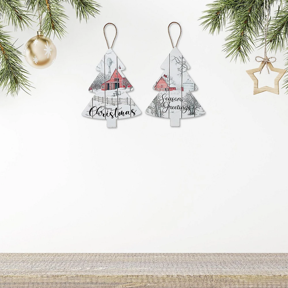 Christmas Flat Tree Shape Wall Hanger Winter Barn - Set of 2