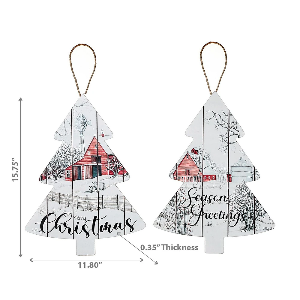 Christmas Flat Tree Shape Wall Hanger Winter Barn - Set of 2