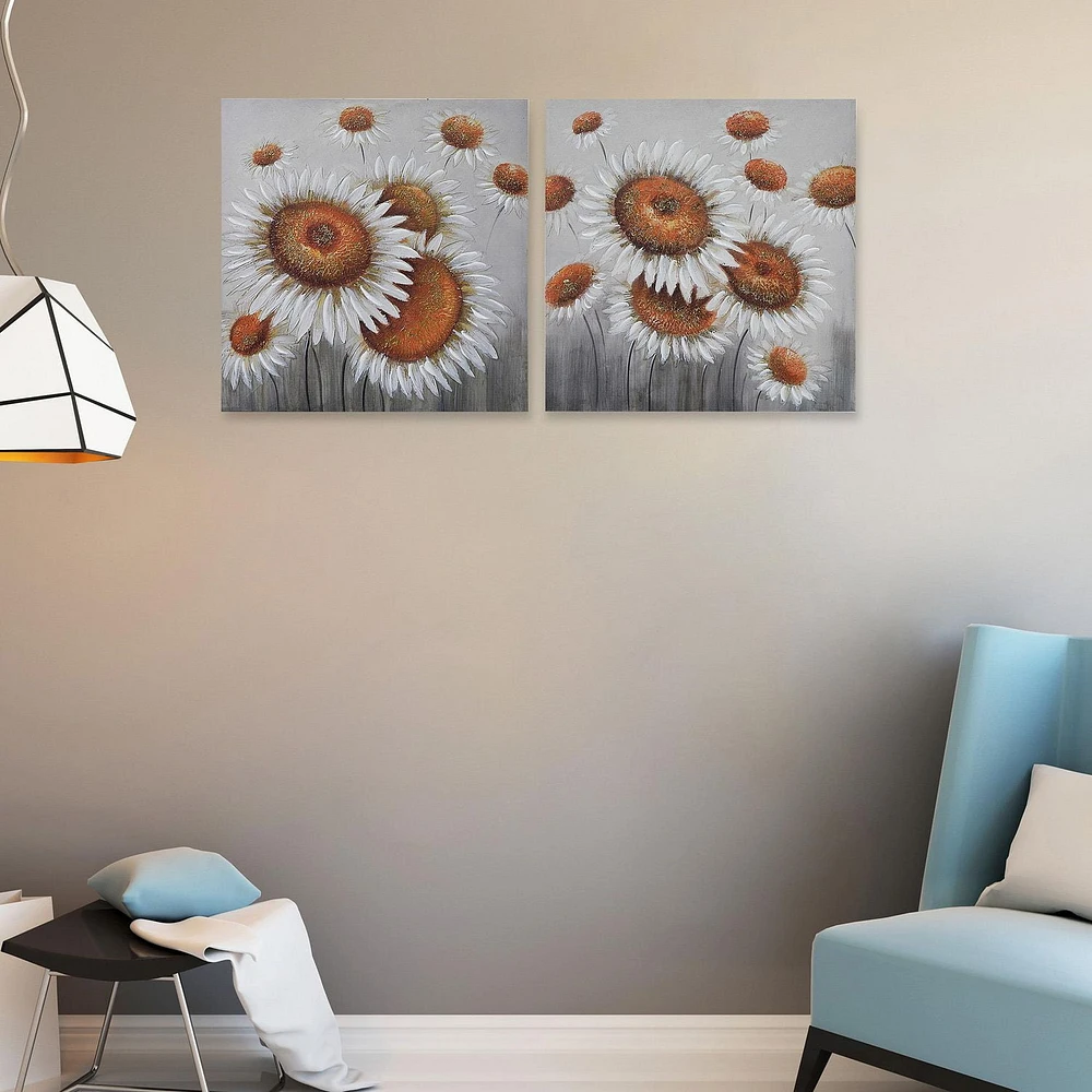 Hand Painted Canvas Wall Art White Sunflower - Set of 2