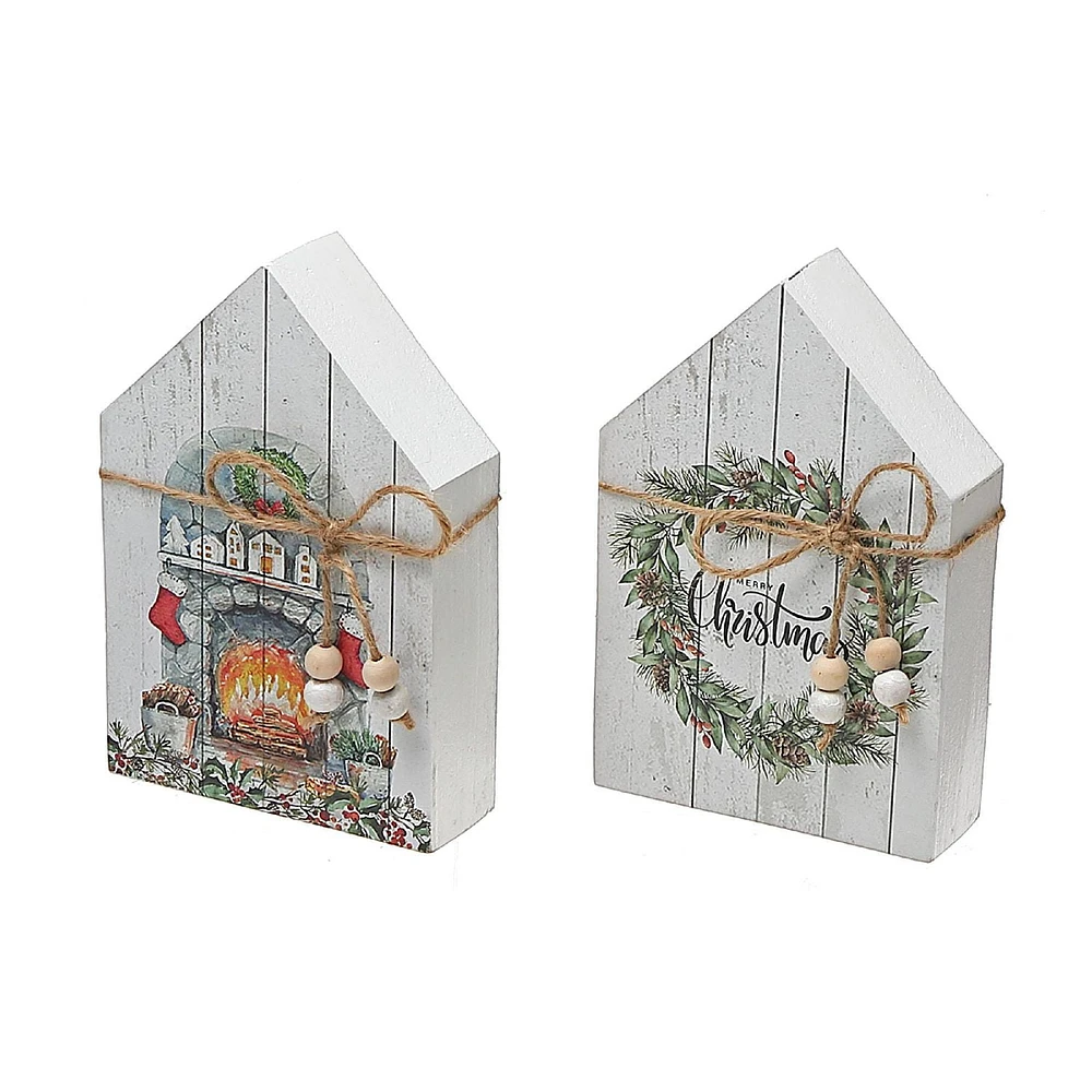 Christmas Mdf House Shape Block With Ribbon  - Set of 2