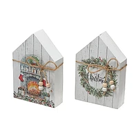 Christmas Mdf House Shape Block With Ribbon  - Set of 2