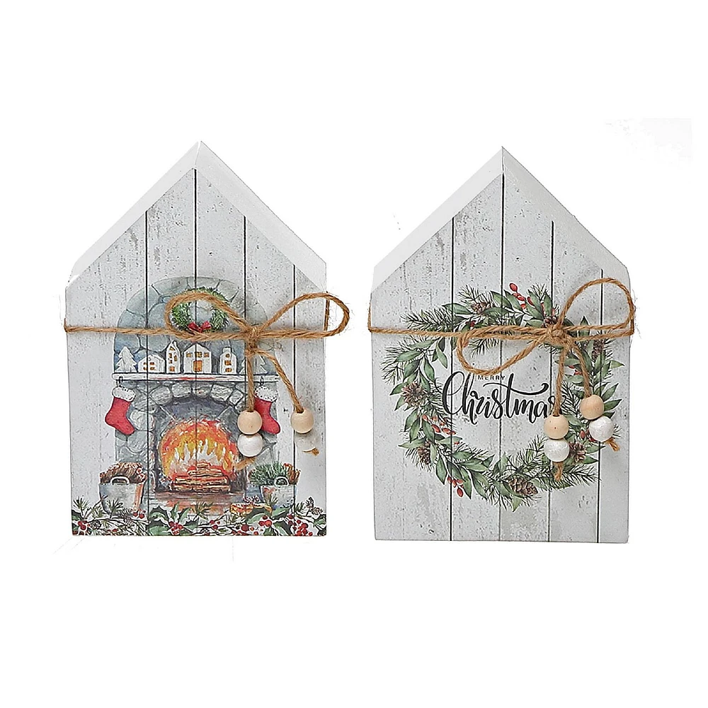 Christmas Mdf House Shape Block With Ribbon  - Set of 2