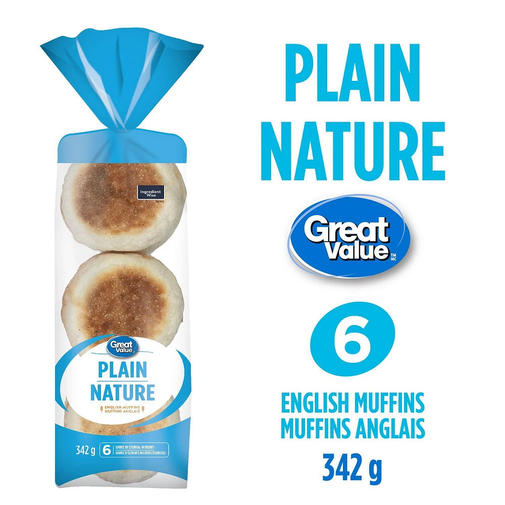 Great Value Plain English Muffins, 6 pk, 342