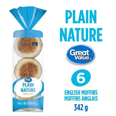 Great Value Plain English Muffins, 6 pk, 342