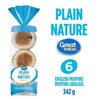 Great Value Plain English Muffins, 6 pk, 342