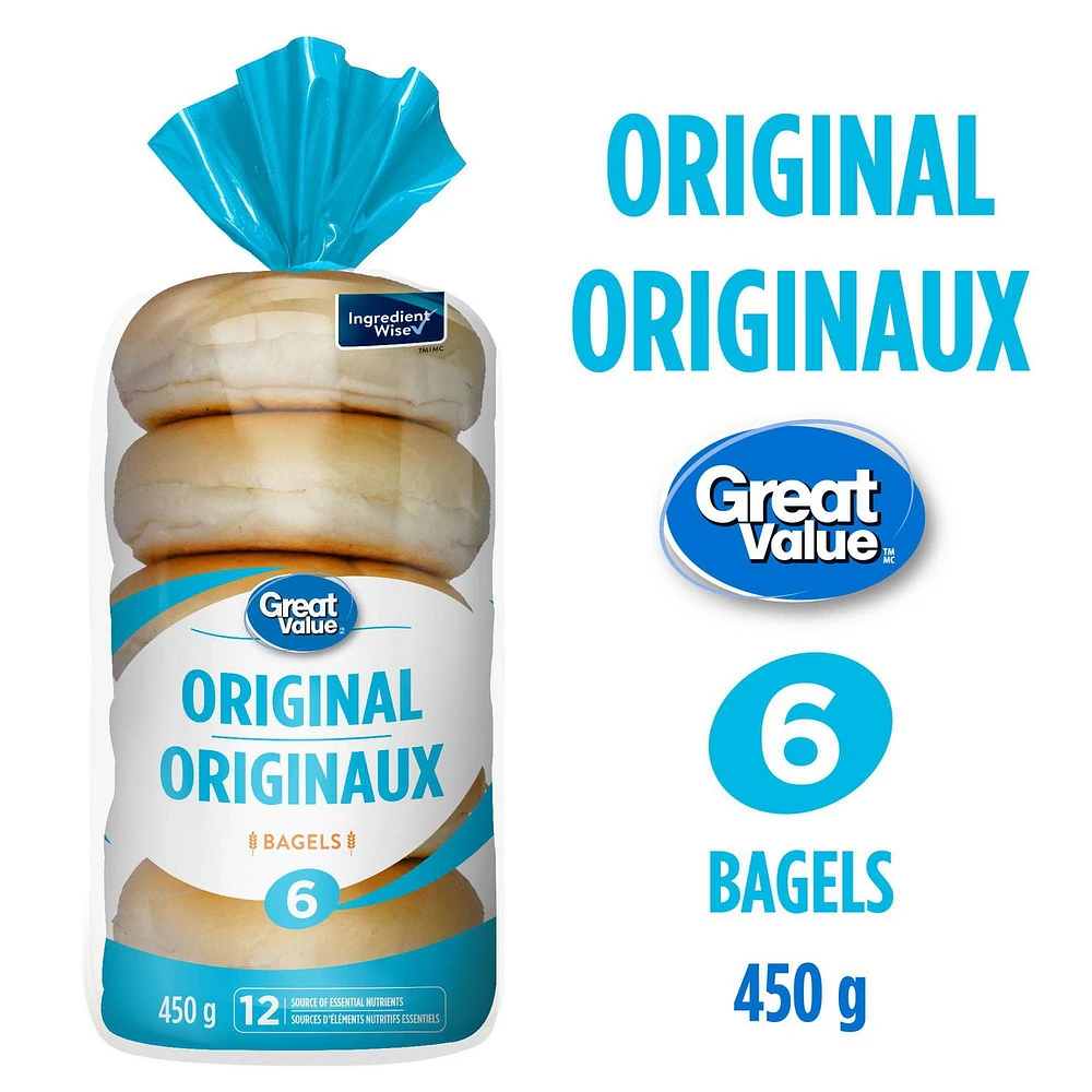 Great Value Original Bagels, 6 pk, 450 g