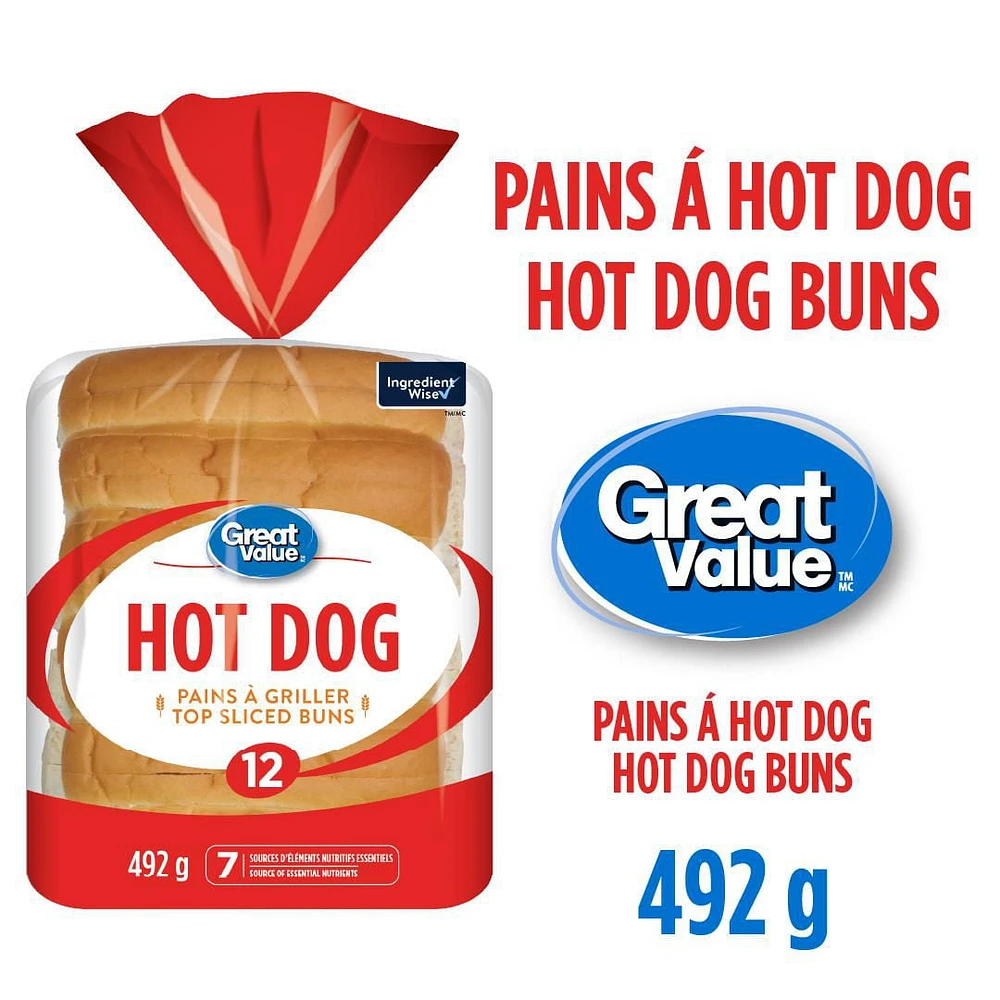 Great Value Topsliced Hot Dog Buns, 12 pk, 492 g