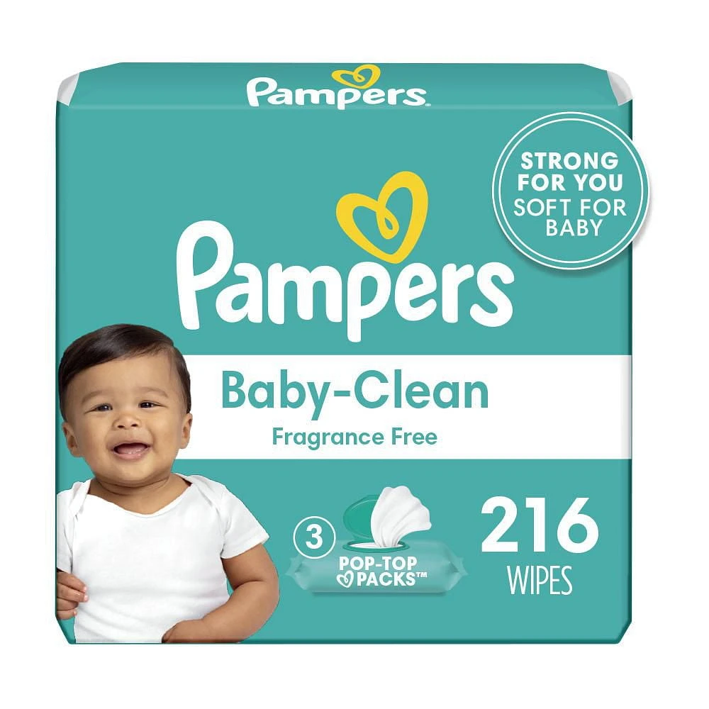 Pampers Baby Clean Wipes Fragrance Free 3X Pop-Top Packs, 216CT