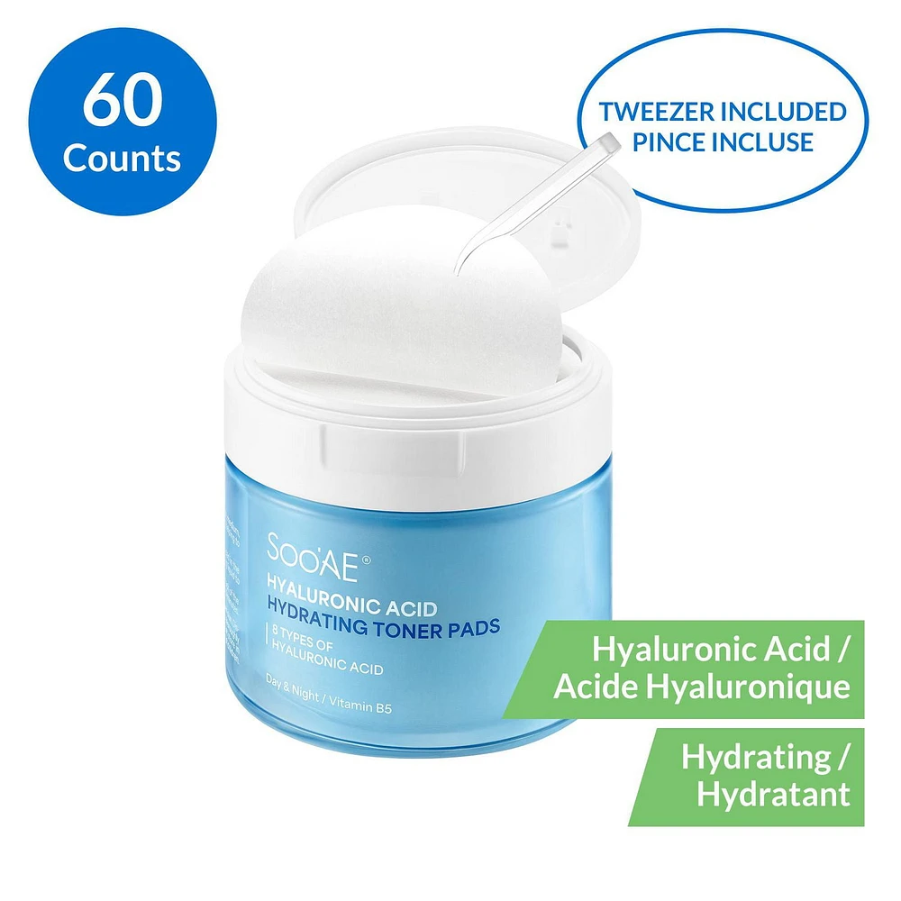 Soo'AE HYALURONIC ACID HYDRATING TONER PADS, 60 Counts (Tweezer included)