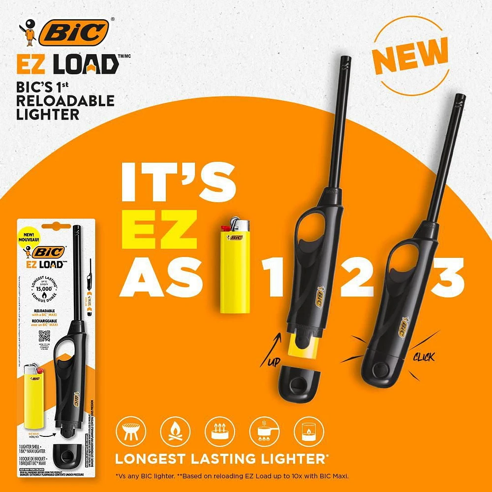 BIC EZ LOAD Lighter, Reloadable Multi Purpose Lighter, Great To Use as a Utility Lighter or Camp Lighter, Pack with 1 BIC EZ LOAD Long Lighter Shell and 1 BIC Maxi Pocket Lighter (Colours May Vary)
