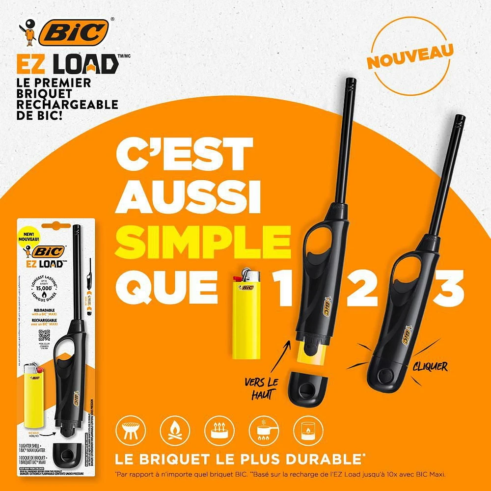 BIC EZ LOAD Lighter, Reloadable Multi Purpose Lighter, Great To Use as a Utility Lighter or Camp Lighter, Pack with 1 BIC EZ LOAD Long Lighter Shell and 1 BIC Maxi Pocket Lighter (Colours May Vary)