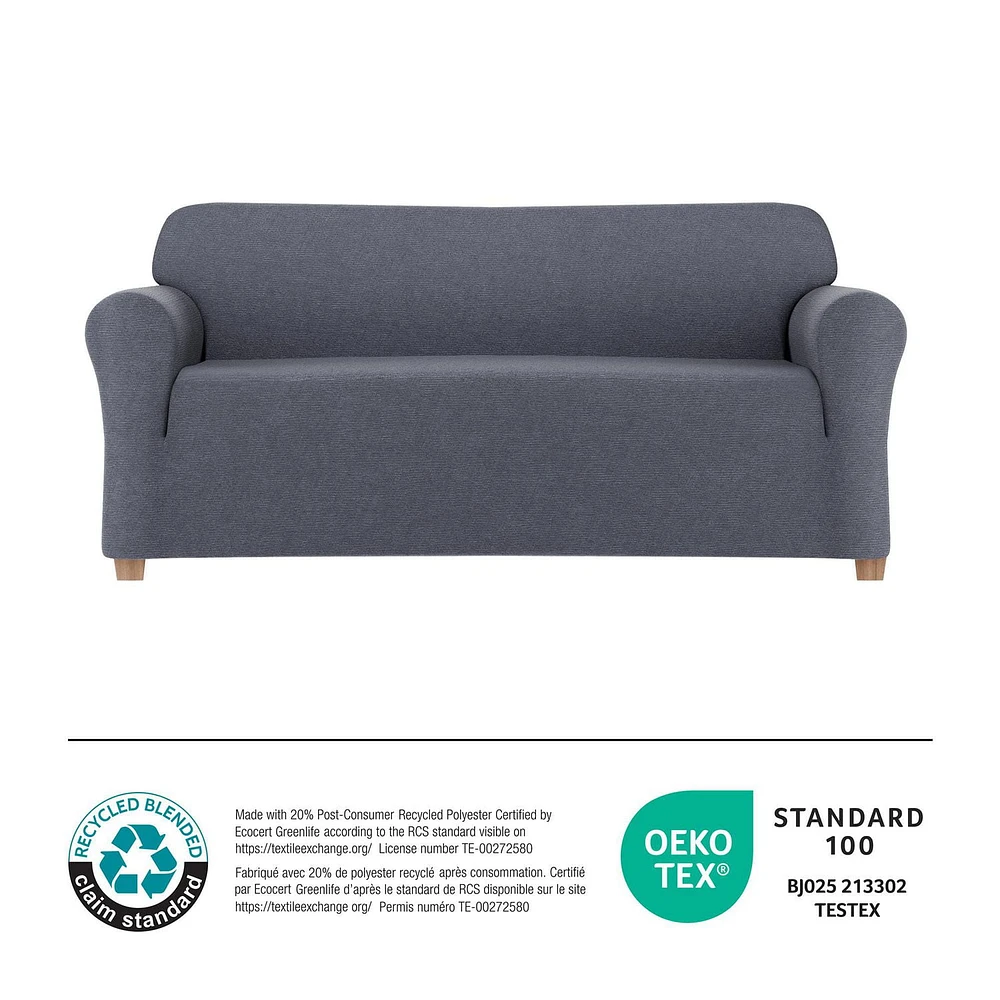 SmartFit Chenille Stretch Sofa Recycled Fabric Slipcover with Performance Fabric, 1-Piece Furniture Cover, Blue, Fabric slipcover