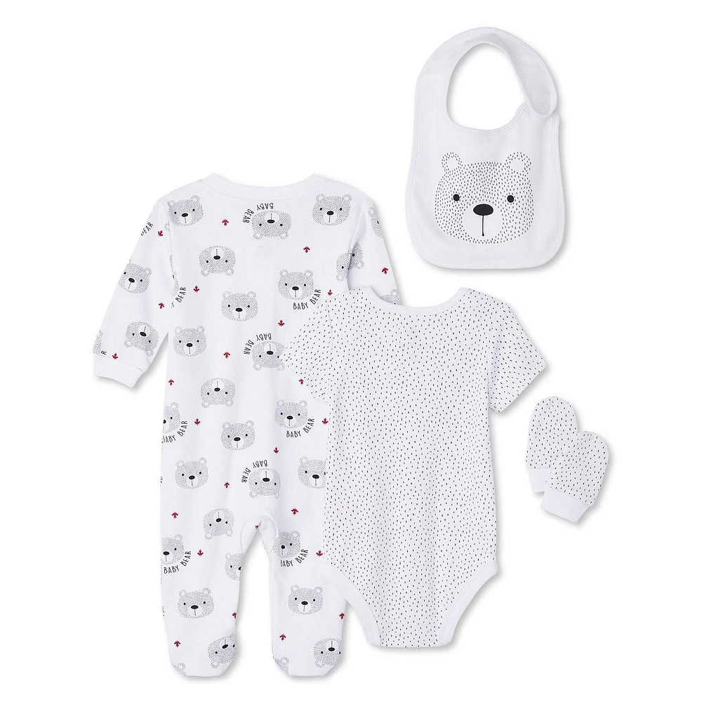 Ensemble 4 pièces avec ourson pour layette Canadiana unisexe pour nourrissons