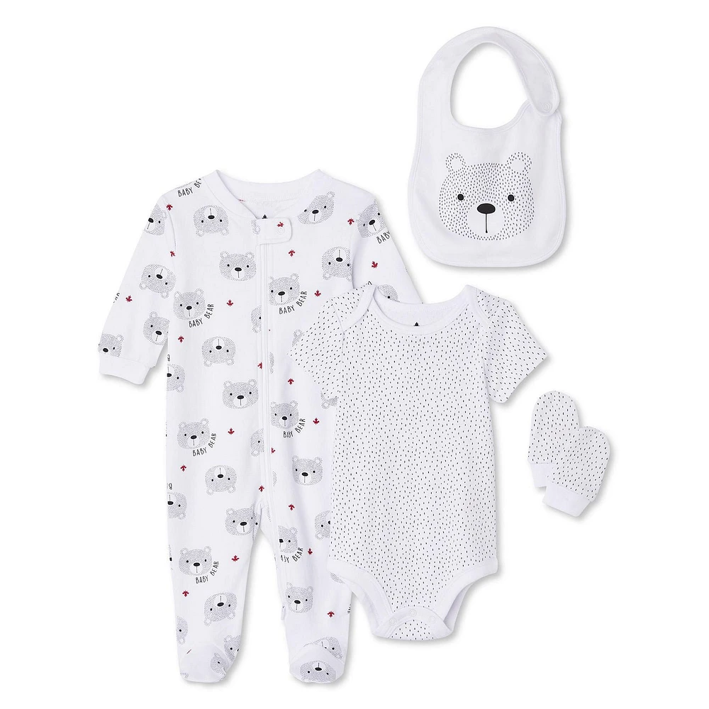 Ensemble 4 pièces avec ourson pour layette Canadiana unisexe pour nourrissons