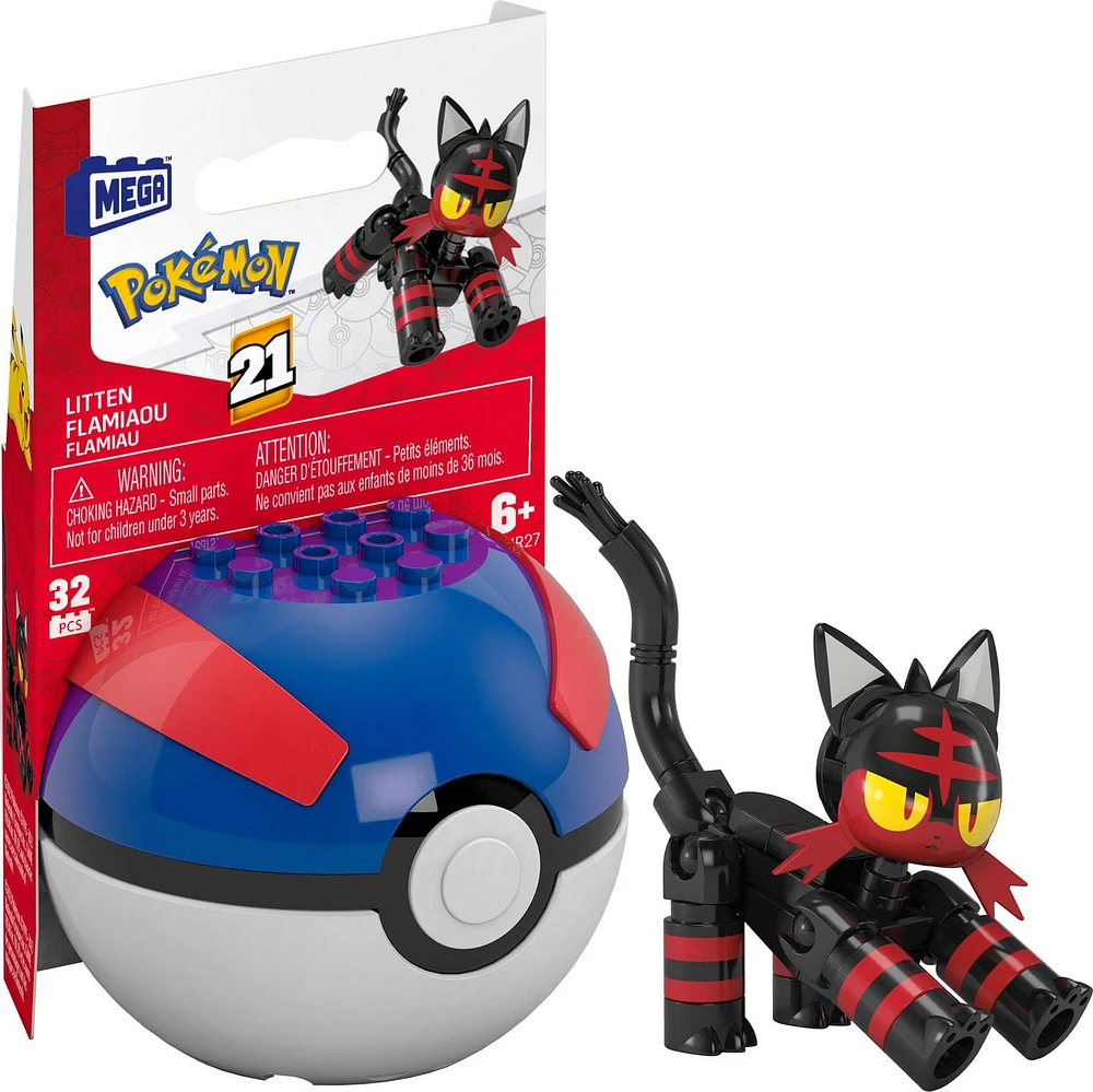 MEGA Pokémon Litten Building Toy Kit, Poseable Action Figure (32 Pieces) for Kids