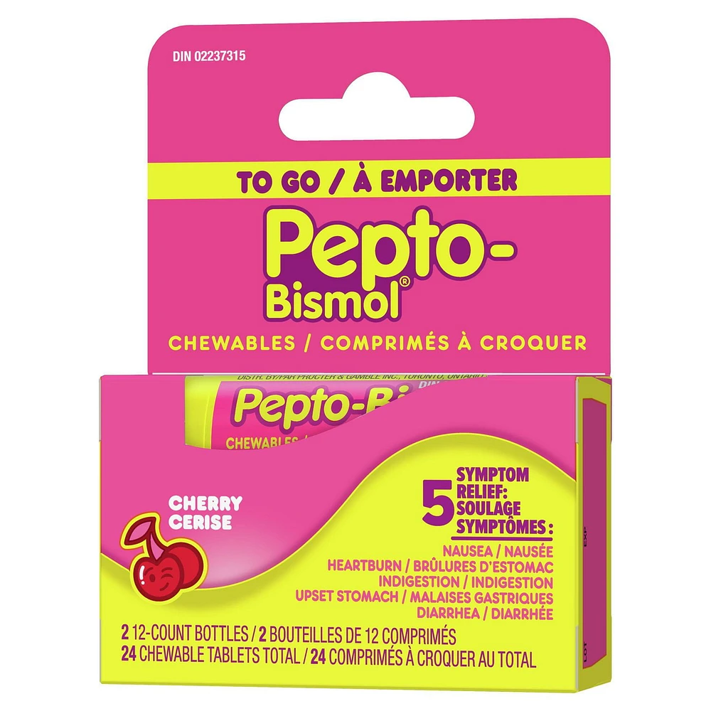 Pepto To Go Chewable Tablets for Nausea, Heartburn, Indigestion, Upset Stomach, and Diarrhea Relief, Cherry Flavor, 24 Chewable Tablets