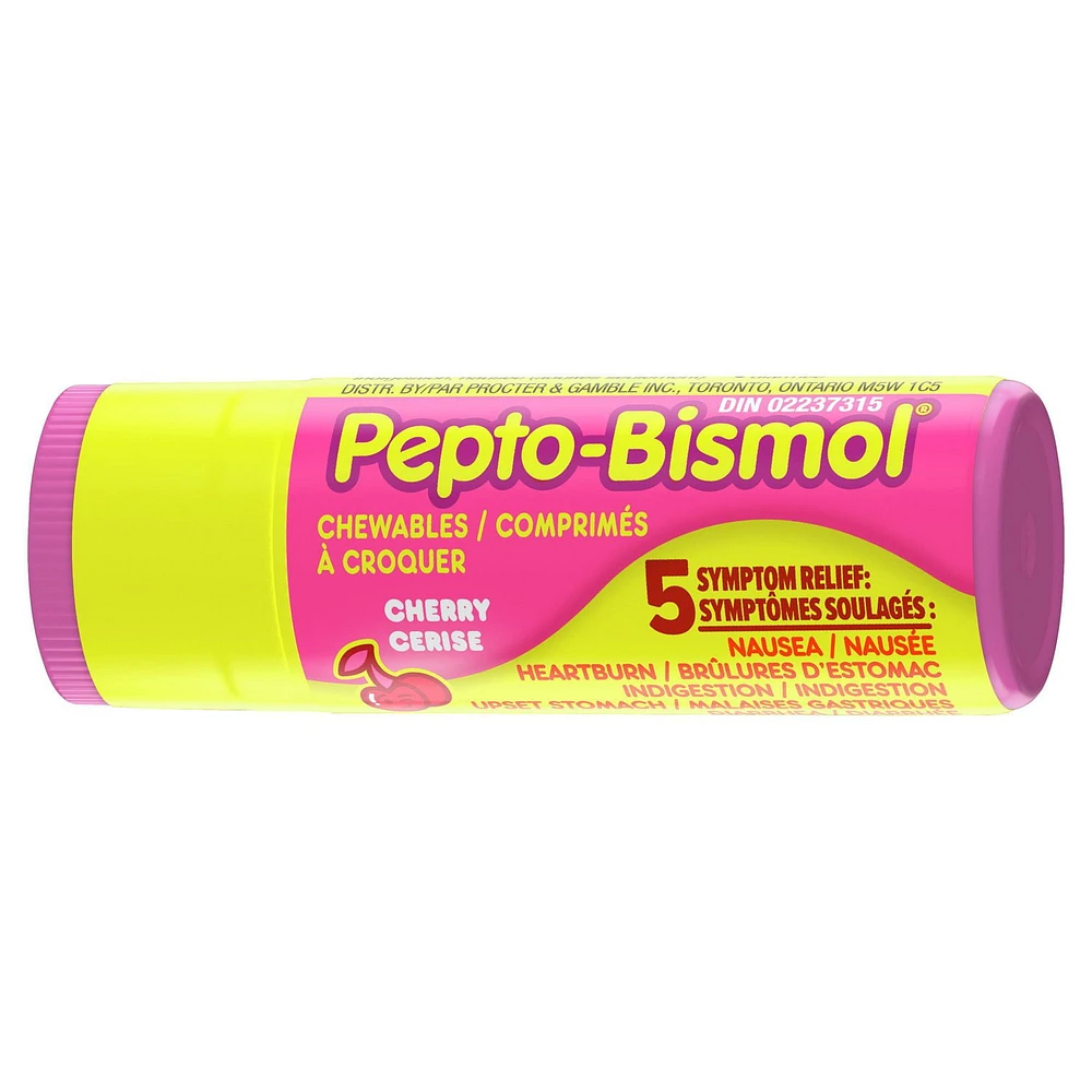 Pepto To Go Chewable Tablets for Nausea, Heartburn, Indigestion, Upset Stomach, and Diarrhea Relief, Cherry Flavor, 24 Chewable Tablets