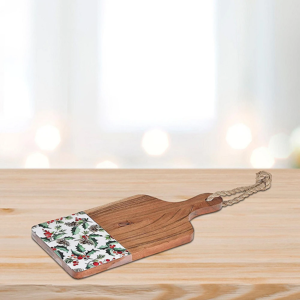 Christmas Enameled Acacia Wood Paddle Board 13" Holly Berries