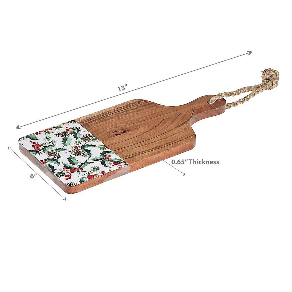 Christmas Enameled Acacia Wood Paddle Board 13" Holly Berries