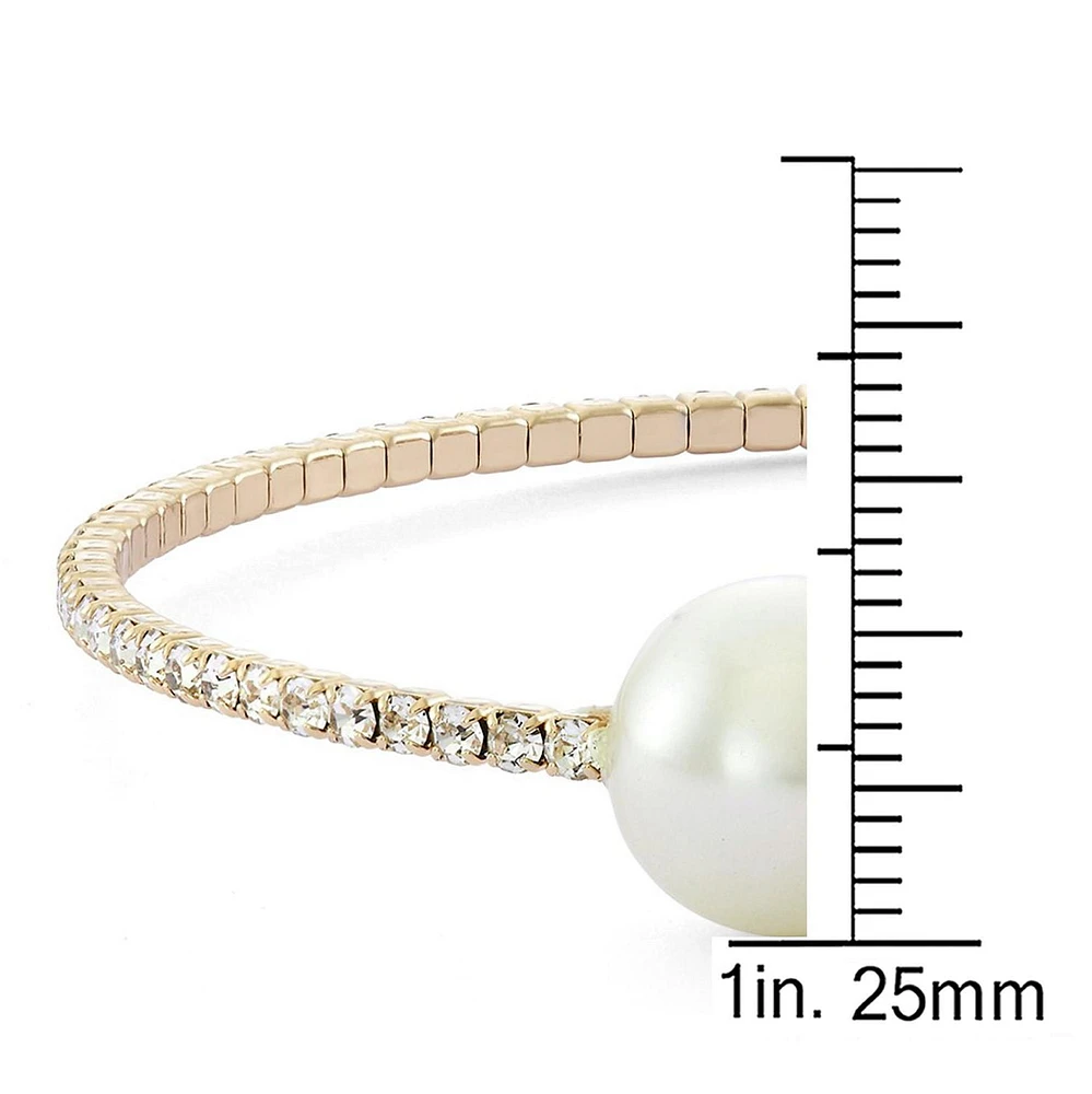 Quintessential 14k Gold Plated Single Row Simulated Pearl and Crystal Womens Bangle