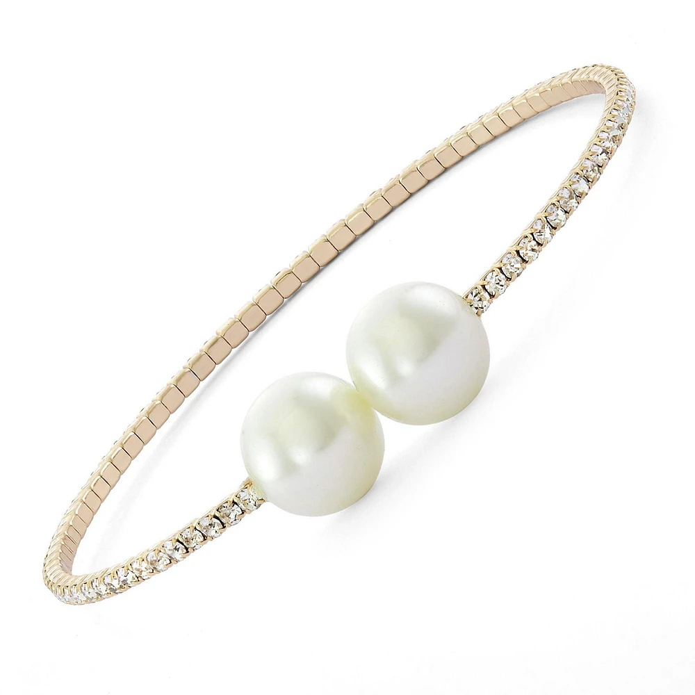 Quintessential 14k Gold Plated Single Row Simulated Pearl and Crystal Womens Bangle