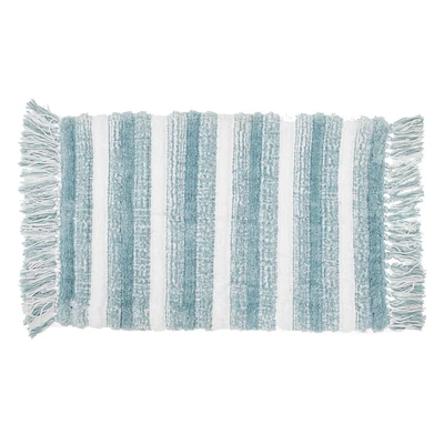 Microfibre Striped Bath Mat With Fringe Blue 20X32