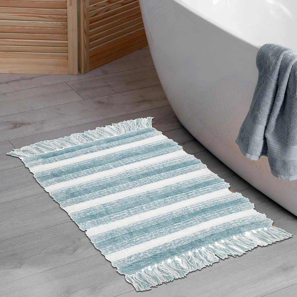 Microfibre Striped Bath Mat With Fringe Blue 20X32