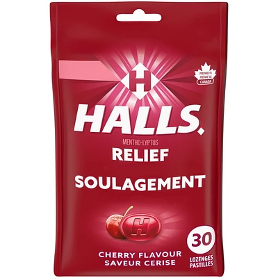 HALLS Cherry Flavour Cough Drops, Throat Lozenges, Sore Throat Relief, Mentho-Lyptus, 30 Lozenges