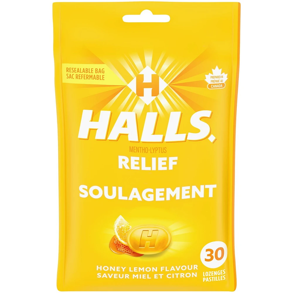 HALLS Honey Lemon Flavour Cough Drops, Throat Lozenges, Sore Throat Relief, Mentho-Lyptus, 30 Lozenges