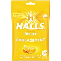 HALLS Honey Lemon Flavour Cough Drops, Throat Lozenges, Sore Throat Relief, Mentho-Lyptus, 30 Lozenges