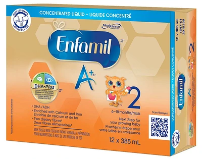 Enfamil A+ 2, Baby Formula, Designed for 6-18 month olds, Contains DHA – an important building block of the brain, Concentrated Liquid, 385mL, 12 cans, 385mL (12 pack)