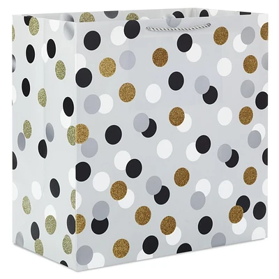 Hallmark 15" Extra Large Square Gift Bag with Handles (Silver with Black, White and Gold Glitter Polka Dots) for Birthdays, Graduations, Holidays