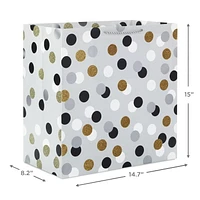 Hallmark 15" Extra Large Square Gift Bag with Handles (Silver with Black, White and Gold Glitter Polka Dots) for Birthdays, Graduations, Holidays