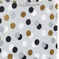 Hallmark 15" Extra Large Square Gift Bag with Handles (Silver with Black, White and Gold Glitter Polka Dots) for Birthdays, Graduations, Holidays