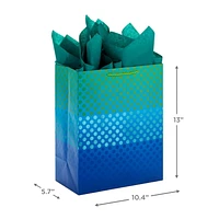 Hallmark 13" Large Gift Bag with Tissue Paper (Blue Green Metallic Dots) for Birthdays, Father's Day, Graduations