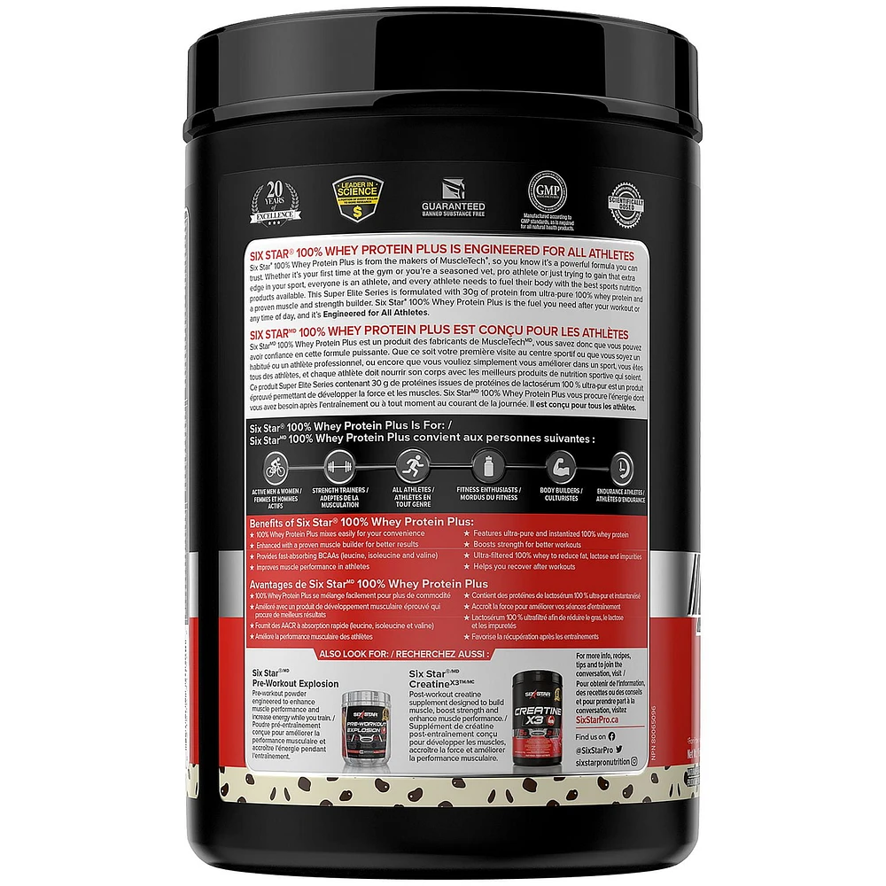 Six Star Elite Series 100% Whey Protein Plus, Whey Protein Isolate & Peptides, Lean Protein Powder for Muscle Gain, Whey Isolate Protein Shake, Cookies & Cream, 2lb Powder