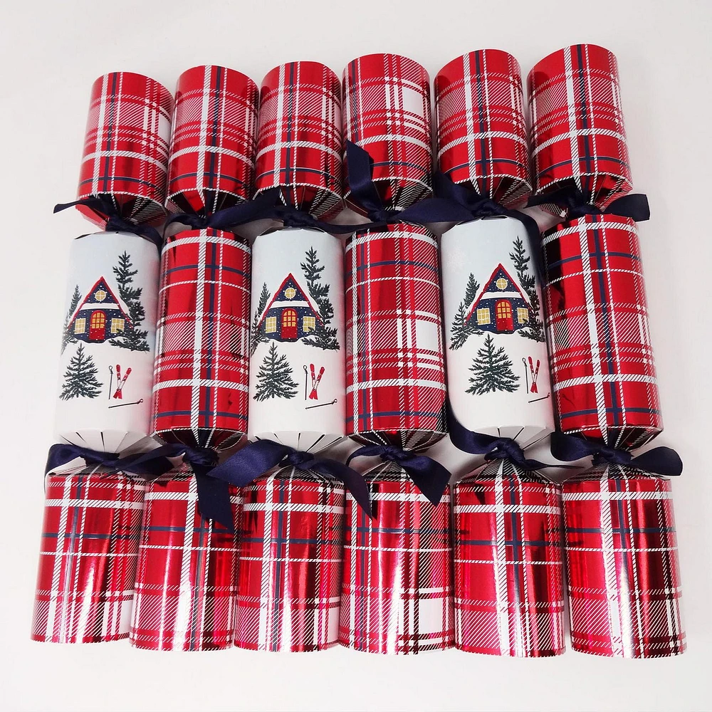 HOLIDAY TIME 12PK X 12" PREMIUM CHRISTMAS CRACKERS, WINTER CABIN AND TARTAN PATTERN