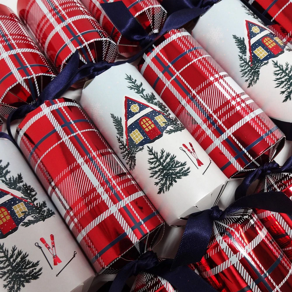 HOLIDAY TIME 12PK X 12" PREMIUM CHRISTMAS CRACKERS, WINTER CABIN AND TARTAN PATTERN