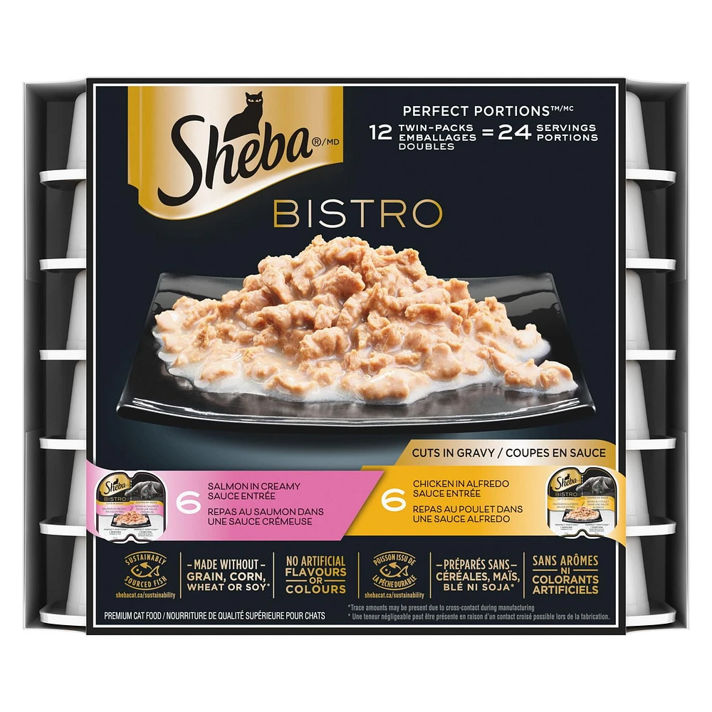 Sheba Bistro Perfect Portions, Chicken in Alfredo Sauce & Salmon in Creamy Sauce Adult Wet Cat Food Cuts in Gravy Variety Pack, 12x75g