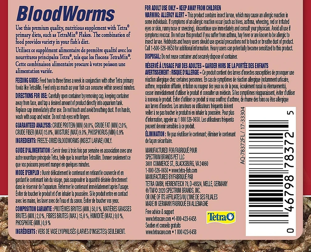 Tetra BloodWorms nourriture lyophilisée Pour une forme et une énergie!