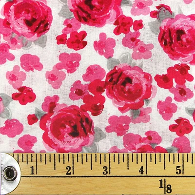 Fabric Creations White with Pink Painted Roses Fat Quarter Pre-Cut Fabric - 18" x 21" / 45cm x 53cm, 18" x 21" / 45cm x 53cm