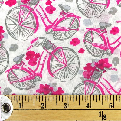 Fabric Creations White with Pink and Grey Bicycles and Flowers Fat Quarter Pre-Cut Fabric - 18" x 21" / 45cm x 53cm, 18" x 21" / 45cm x 53cm