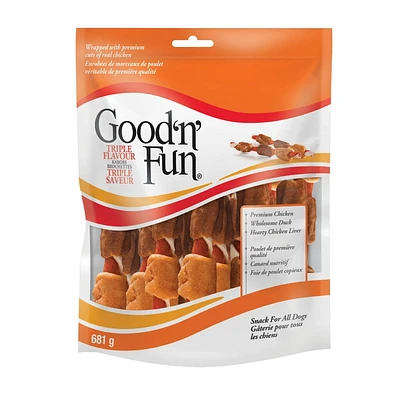 Good 'n' Fun Triple Flavour Kabobs Dog Treats with Chicken, Duck, Pork and Rawhide, 681g, Snack for all dogs