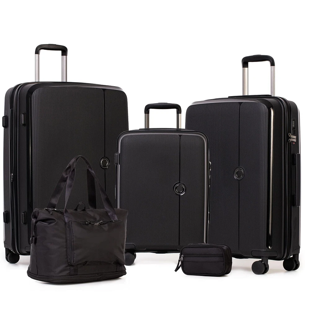 5 Piece Hardside Luggage Set: 28 Inch Spinner Suitcase, 24 Inch Rolling Luggage, 20" Carry-On Suitcase, Toiletry Kit & Expandable Tote Bag