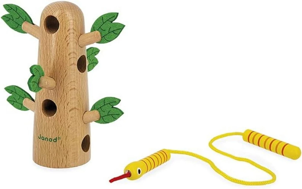 Janod - Arbre tropical à lacets Tropik - Jouet en bois pour l'apprentissage précoce - Jouet éducatif : Développe la motricité fine et la concentration - Peinture à base d'eau - À partir de 18 mois.